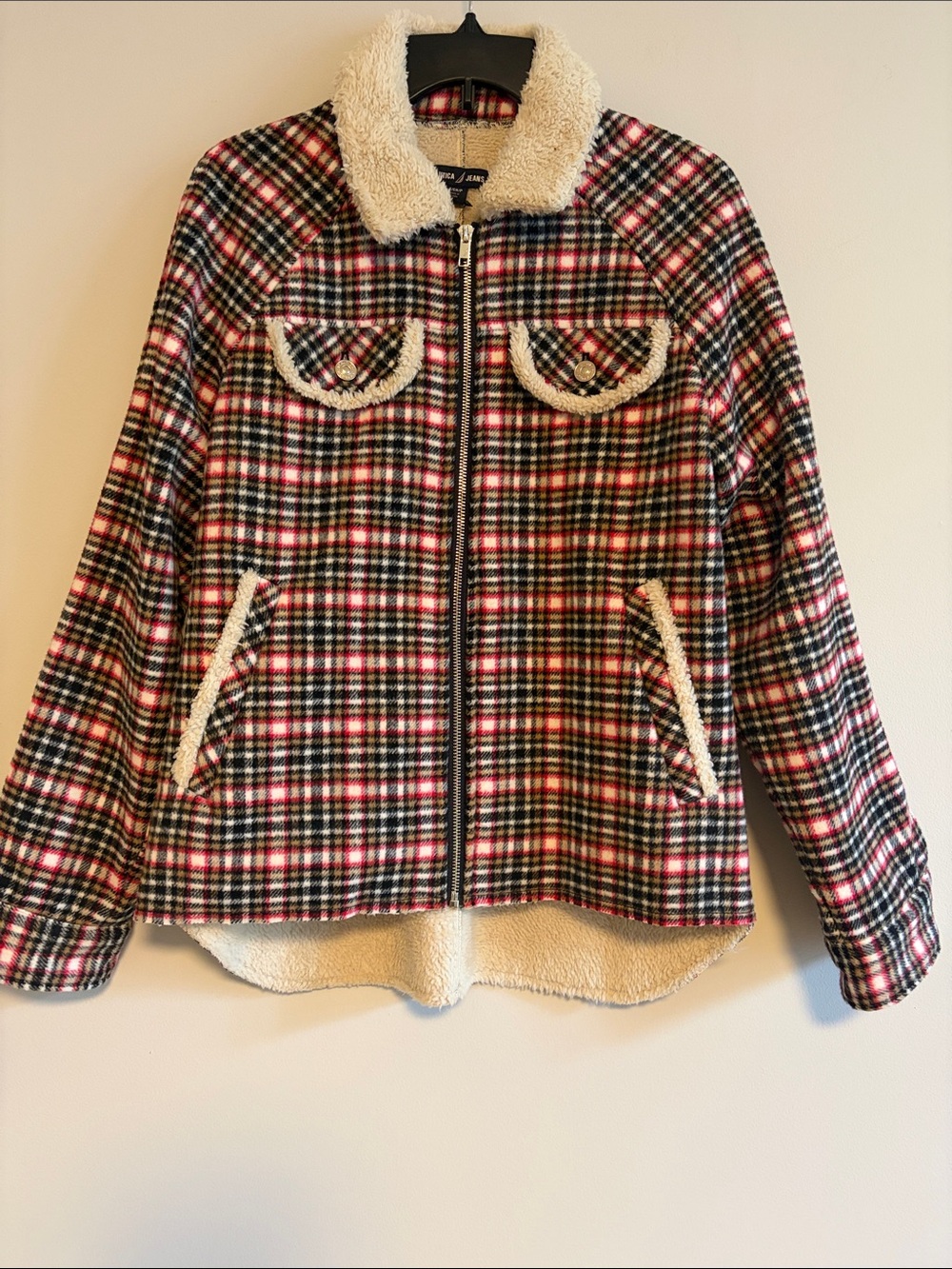 Cozy Plaid Teddy-Trim Zip Jacket - Red/Black/White